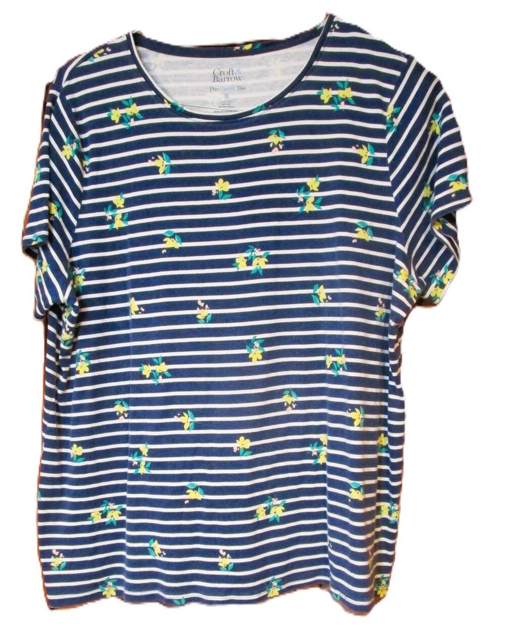 Croft & Barrow Women's Floral Striped Tee Plus Size 1X Cotton Pullover Top